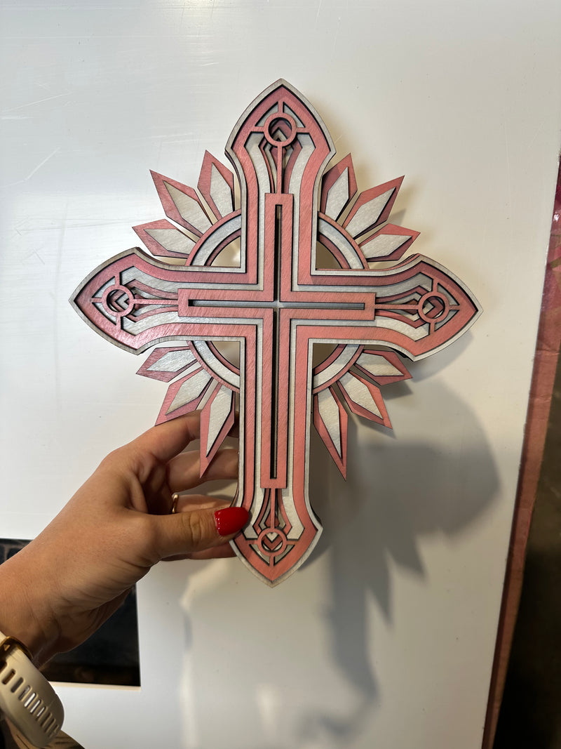 1-off Pink and White 7 Layered 3D Cross